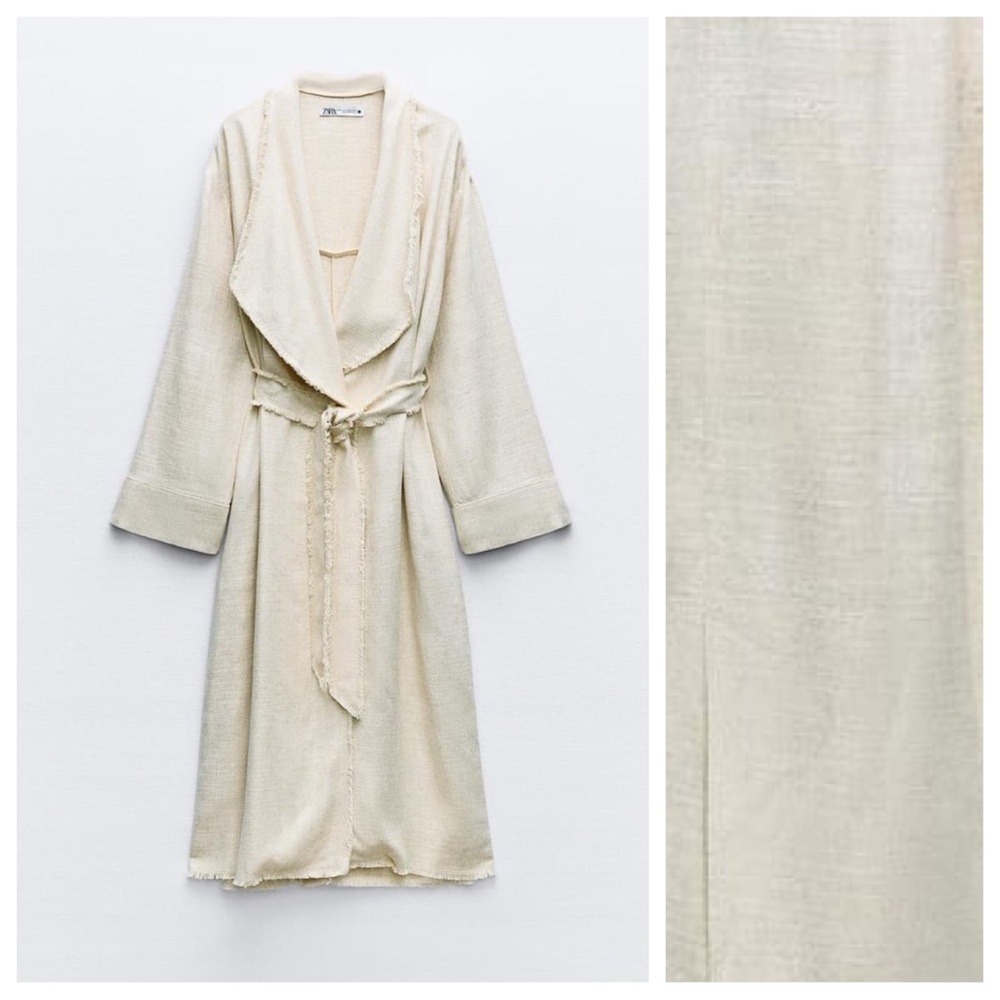 NWT. Zara Cream Viscose/Linen Blend Frayed Rustic Trench. Size M-L. - Picture 1 of 10